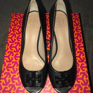 Tory Burch Peep Toe Wedge - Black